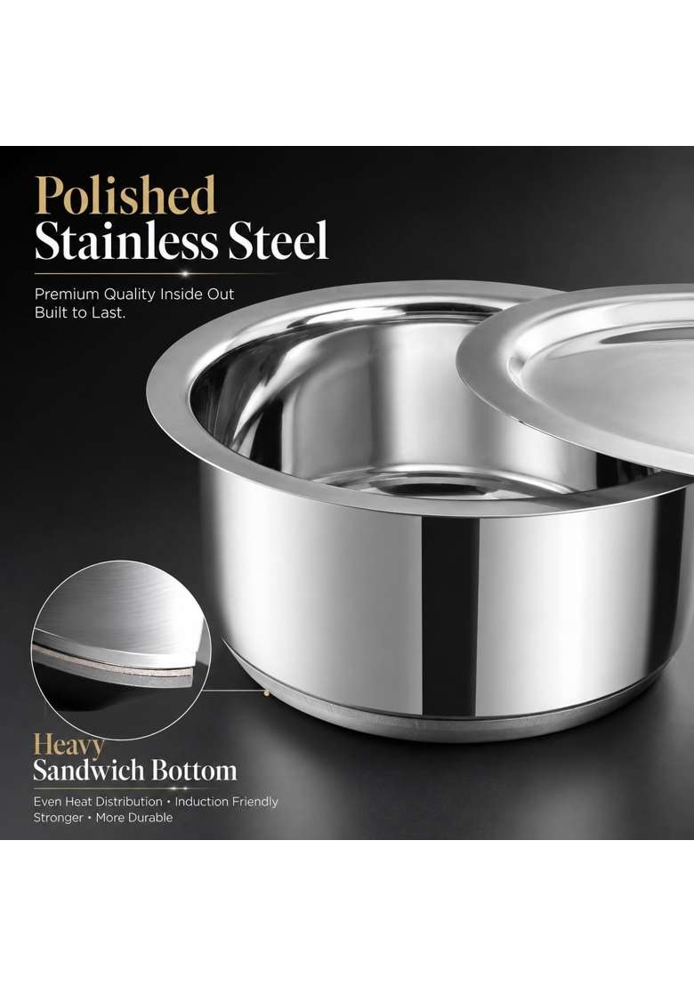 Vinod Stainless Steel Tope Cooking Pot Set with Lid | 1.8 L | 1.9 Qt | 3-Piece Set | Induction Compatible | Dishwasher Safe - Indya
