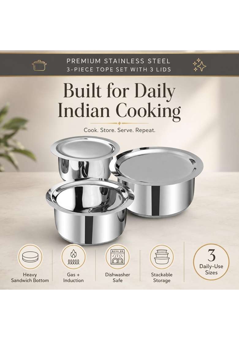 Vinod Stainless Steel Tope Cooking Pot Set with Lid | 1.8 L | 1.9 Qt | 3-Piece Set | Induction Compatible | Dishwasher Safe - Indya
