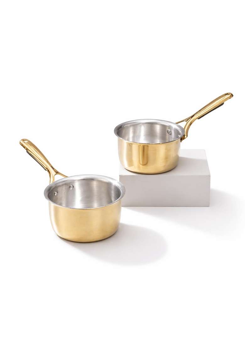 P-TAL P TAL Brass Saucepan | 1.2 L | 1.3 Qt | 2-Piece Set | Non-Toxic | Tin Lined Kalai | Non-Stick - Indya