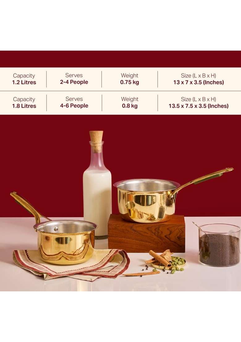 P-TAL P TAL Brass Saucepan | 1.2 L | 1.3 Qt | 2-Piece Set | Non-Toxic | Tin Lined Kalai | Non-Stick - Indya
