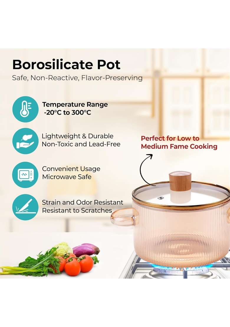 The Better Home Zeno Borosilicate Glass Cookware for Gas Stove | 1.45 L | 1.5 Qt | With Lid - Indya