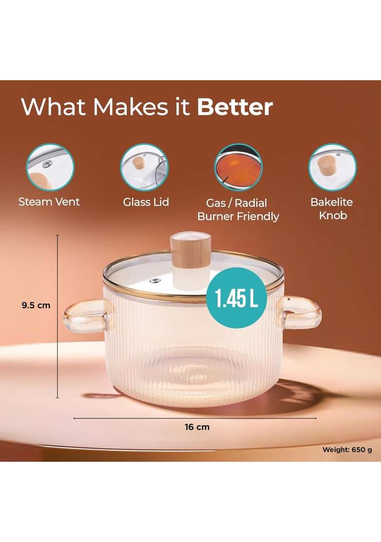 The Better Home Zeno Borosilicate Glass Cookware for Gas Stove | 1.45 L | 1.5 Qt | With Lid - Indya