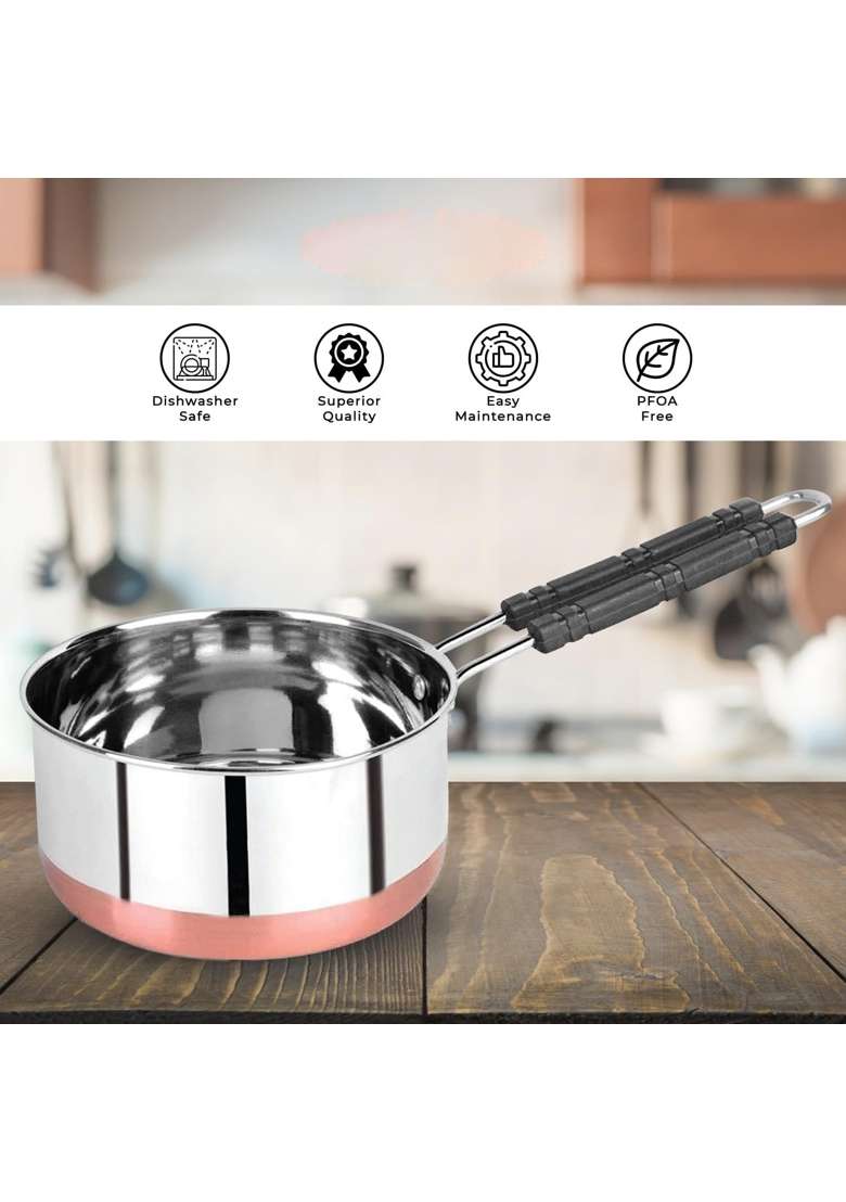 ALWAFLI Copper Bottom Stainless Steel Flat Base Sauce Pan | 1.5 L | 1.6 Qt - Indya