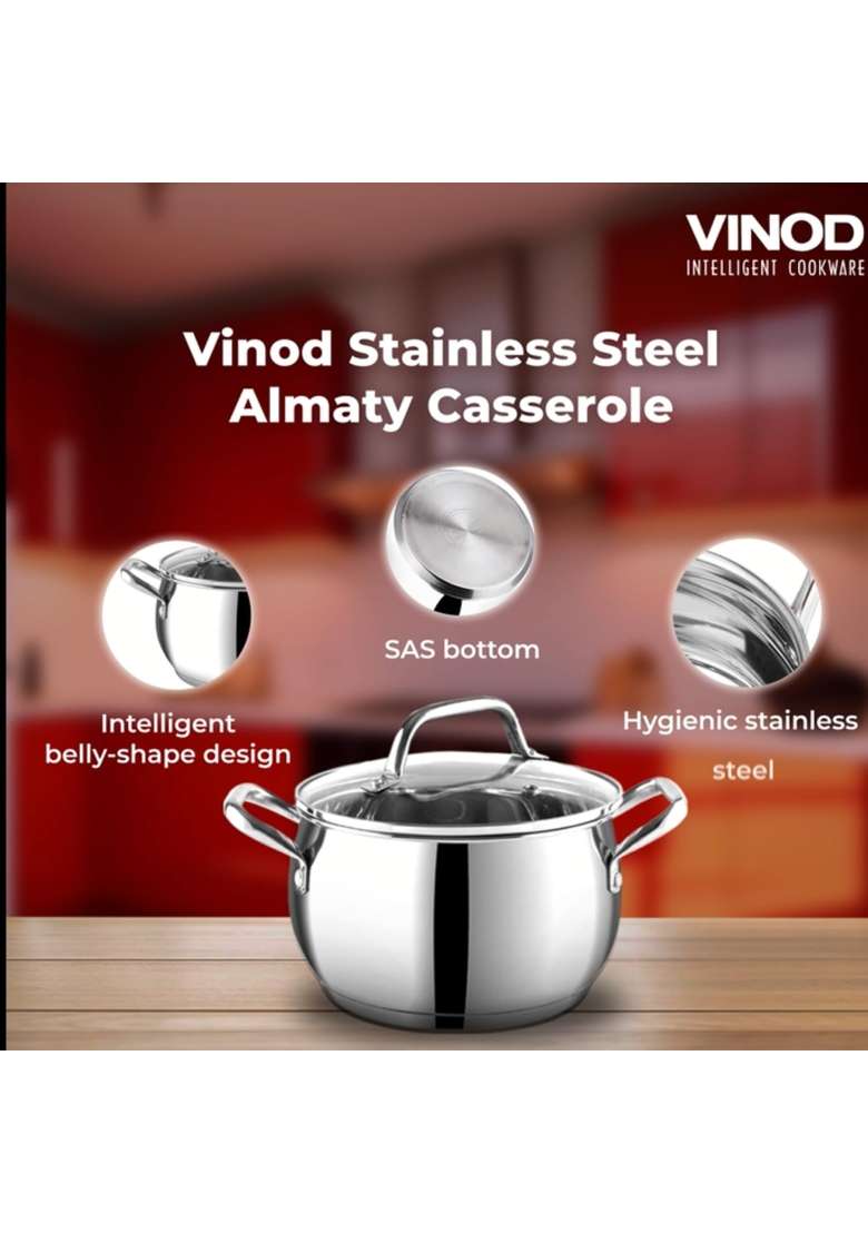 Vinod Stainless Steel Almaty Sauce Pot with Glass Lid -Diameter | 4 L | 4.2 Qt | 20 cm | 7.9 Inch | Induction Compatible - Indya