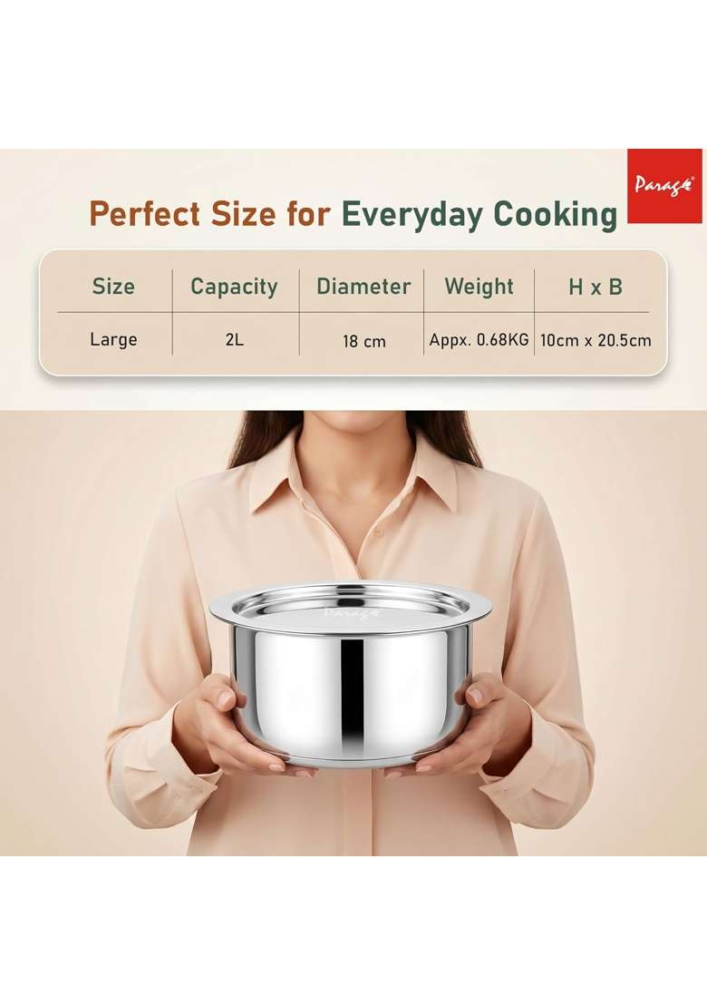 Parage Tri-Bond Stainless Steel Tope with Lid | 2 L | 2.1 Qt | Induction Compatible | Tri-Ply - Indya