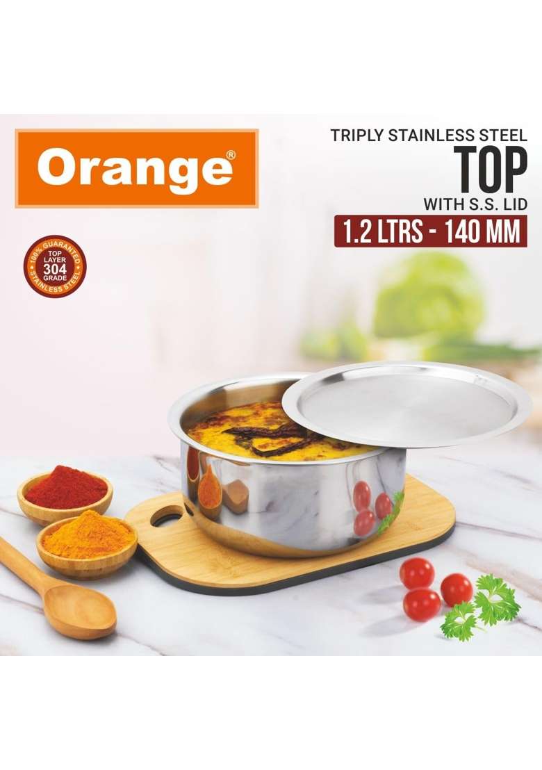 Orange Triply Stainless Steel Tope Milk Pot Boiler Tea Pot Patila Bhagona | 1.2 L | 1.3 Qt | 14 cm | 5.5 Inch | Induction Compatible | With Lid - Indya