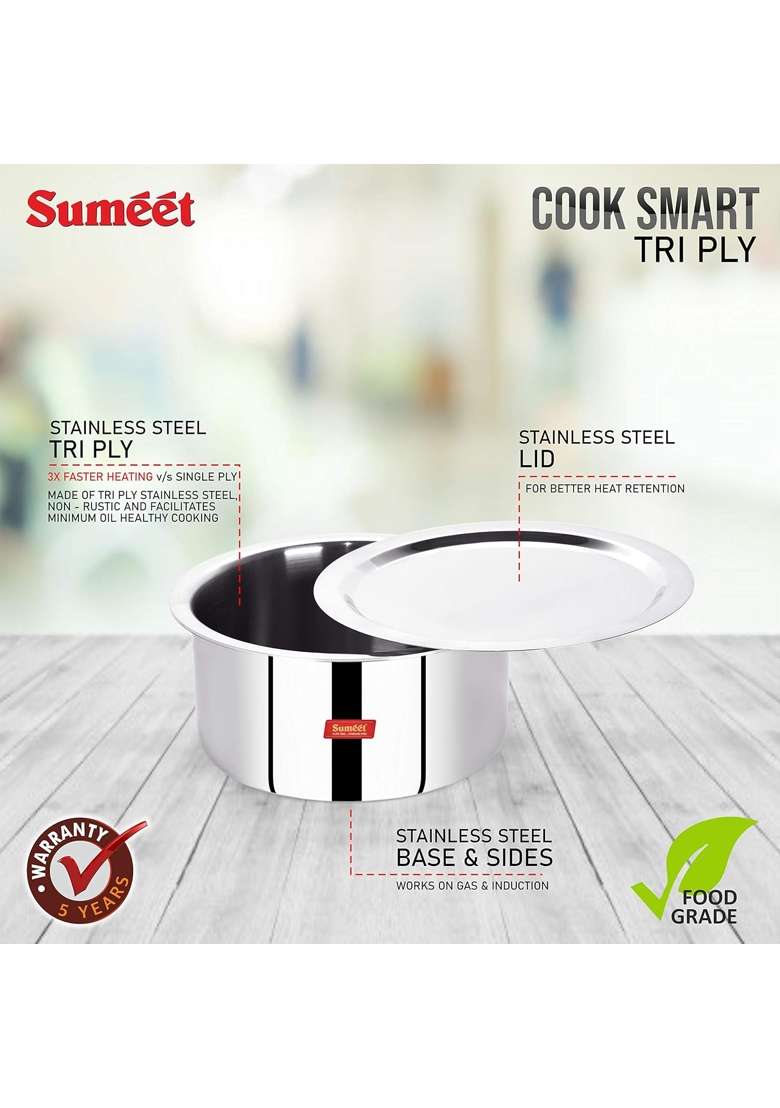Sumeet Cook Smart TriPly Steel-Aluminium-Steel | 4 L | 4.2 Qt | 22 cm | 8.7 Inch | With Lid - Indya