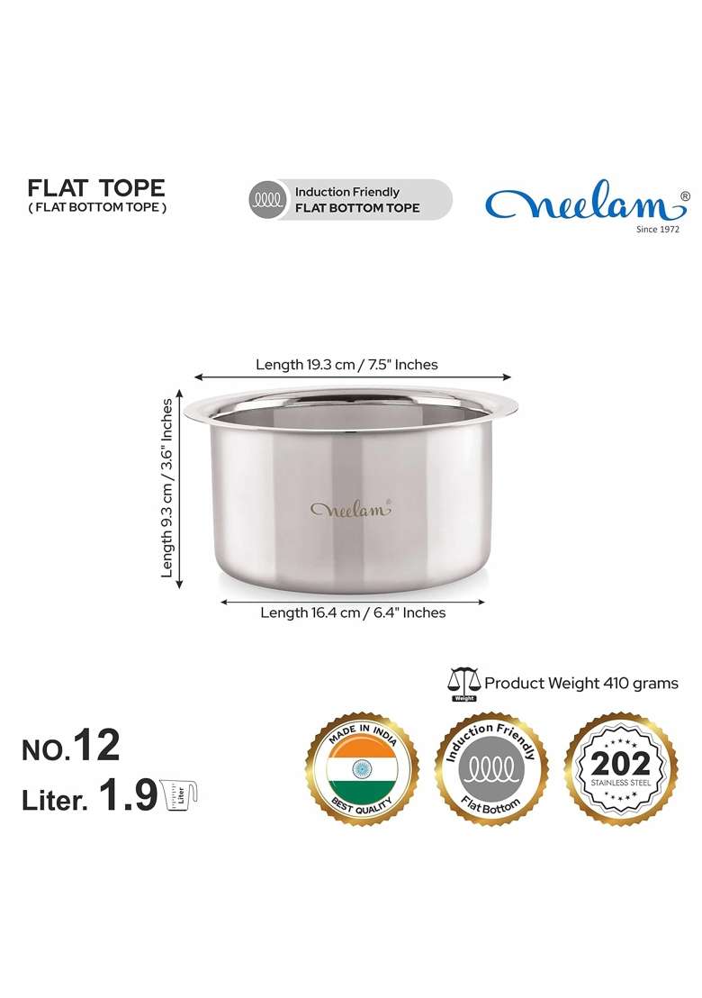 neelam Stainless Steel 12 22 Gauge Flat Bottom Tope Cooking Pot | 1950 ml | 65.9 fl oz - Indya