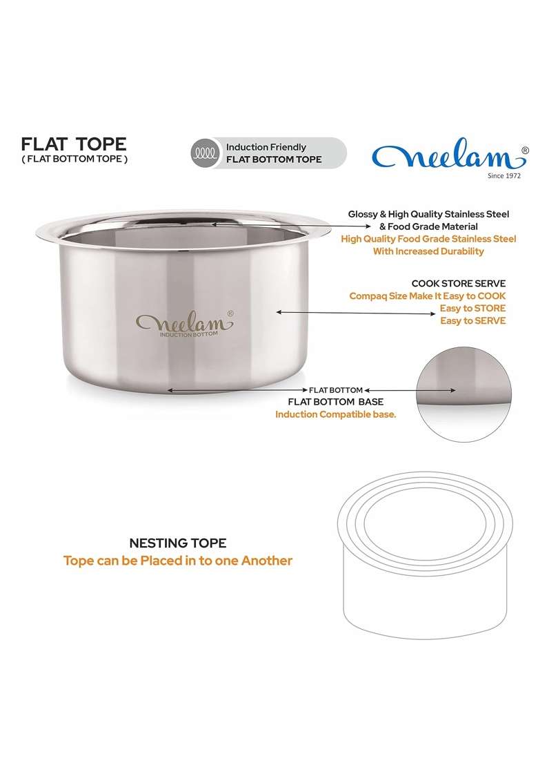 neelam Stainless Steel 12 22 Gauge Flat Bottom Tope Cooking Pot | 1950 ml | 65.9 fl oz - Indya