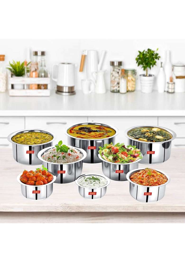 Sumeet Stainless Steel Tope Cooking Pot Patila Cookware | 3 L | 3.2 Qt | 8-Piece Set - Indya