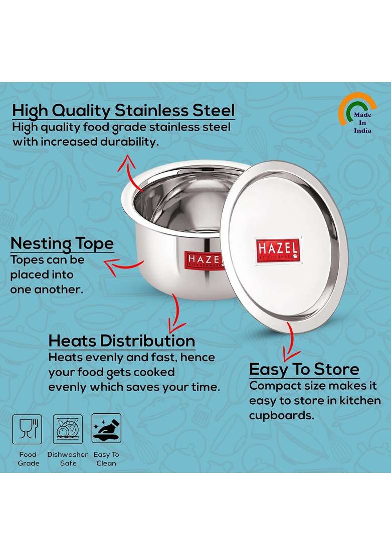 HAZEL Stainless Steel Tope Cooking Pot with Lid | 1 L | 1.1 Qt | 16.5 cm | 6.5 Inch - Indya
