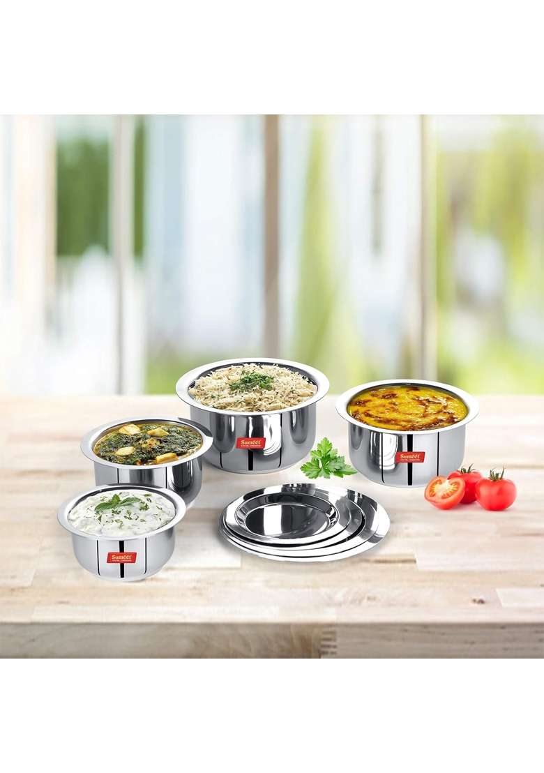 Sumeet Stainless Steel Friendly Tope Cooking Pot patila cookware with Lids | 0.4 L | 0.4 Qt | 4-Piece Set | With Lid - Indya