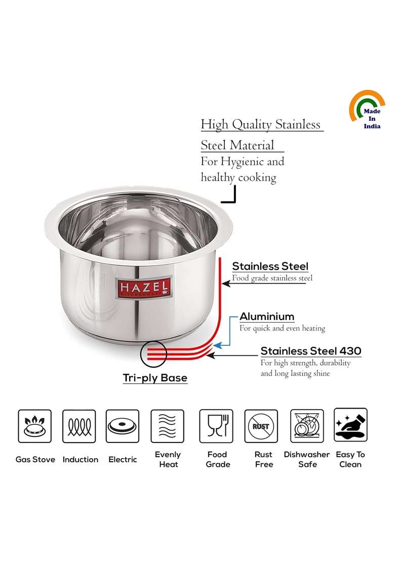 HAZEL Induction Bottom Tope Cooking Pot Stainless Steel Heavy Base Thick Flat Bottom Patila | 1.5 L | 1.6 Qt | 14.9 cm | 5.9 Inch - Indya