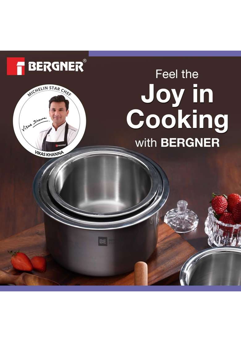 BERGNER BE Essentials Tri-Ply Stainless Steel | 3.5 L | 3.7 Qt | 20 cm | 7.9 Inch | Induction Compatible | Non-Toxic - Indya
