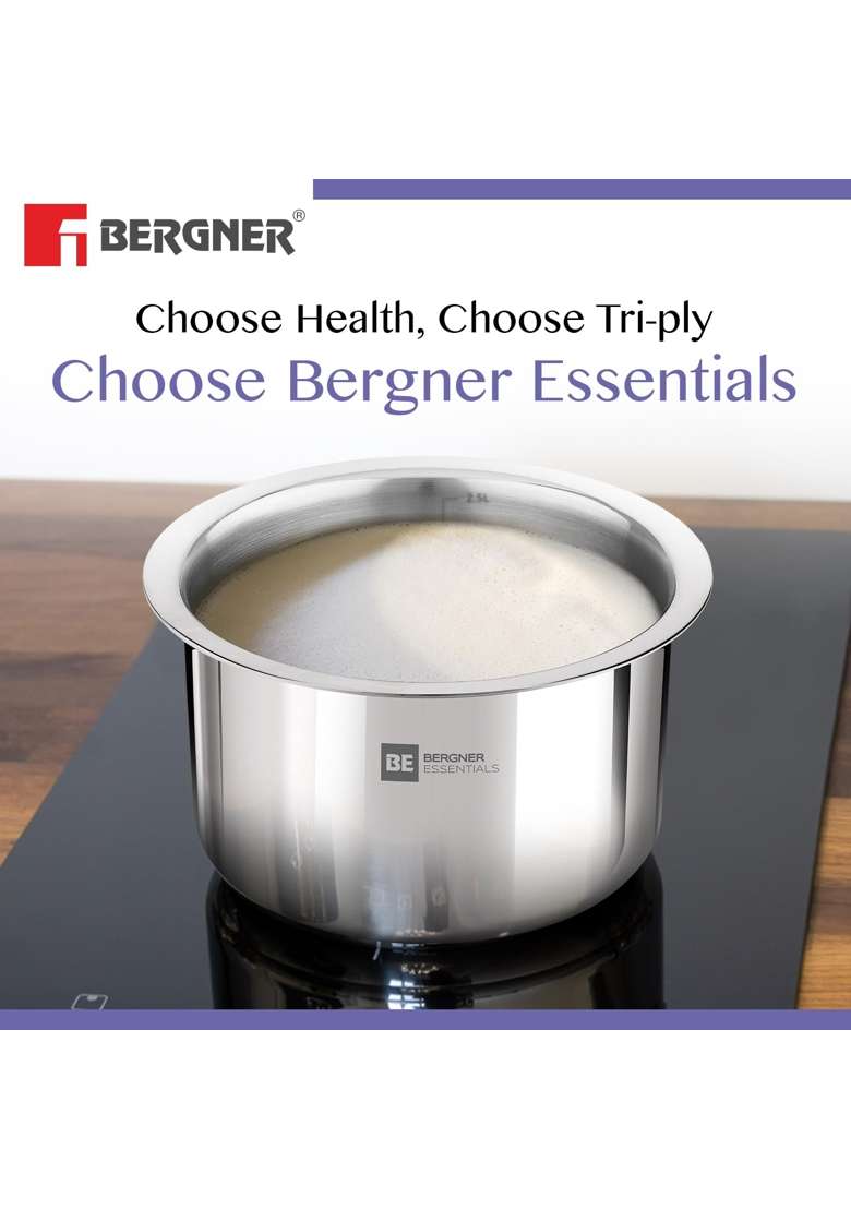 BERGNER BE Essentials Tri-Ply Stainless Steel | 3.5 L | 3.7 Qt | 20 cm | 7.9 Inch | Induction Compatible | Non-Toxic - Indya