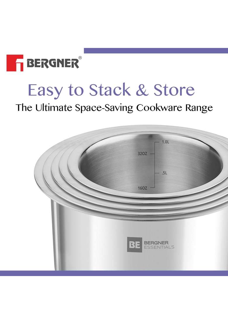 BERGNER BE Essentials Tri-Ply Stainless Steel | 3.5 L | 3.7 Qt | 20 cm | 7.9 Inch | Induction Compatible | Non-Toxic - Indya