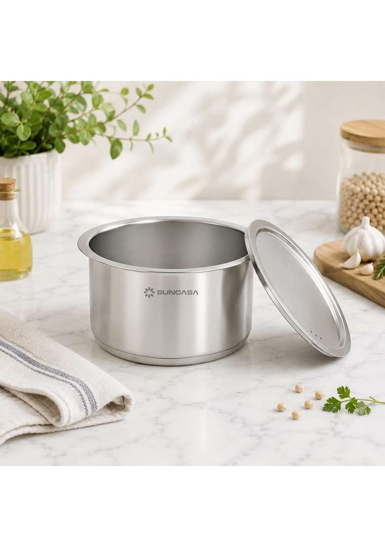 SUNCASA Impact Pro 304 Stainless Steel Tope Cooking Pot with Steel Lid | 2.5 L | 2.6 Qt | 18 cm | 7.1 Inch | Heavy Bottom | Non-Toxic - Indya