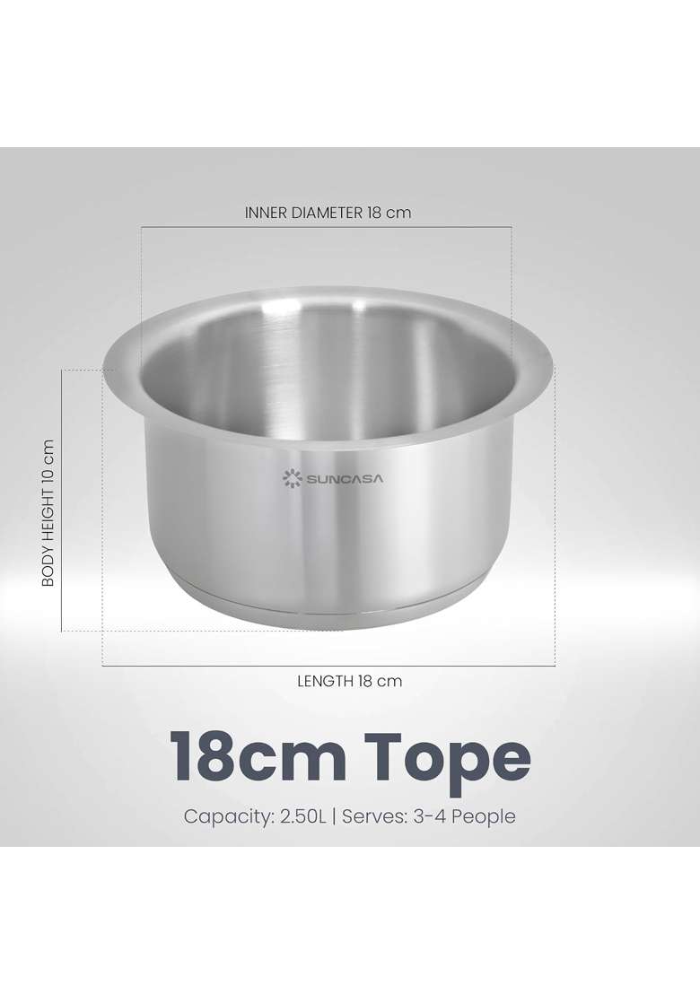 SUNCASA Impact Pro 304 Stainless Steel Tope Cooking Pot with Steel Lid | 2.5 L | 2.6 Qt | 18 cm | 7.1 Inch | Heavy Bottom | Non-Toxic - Indya