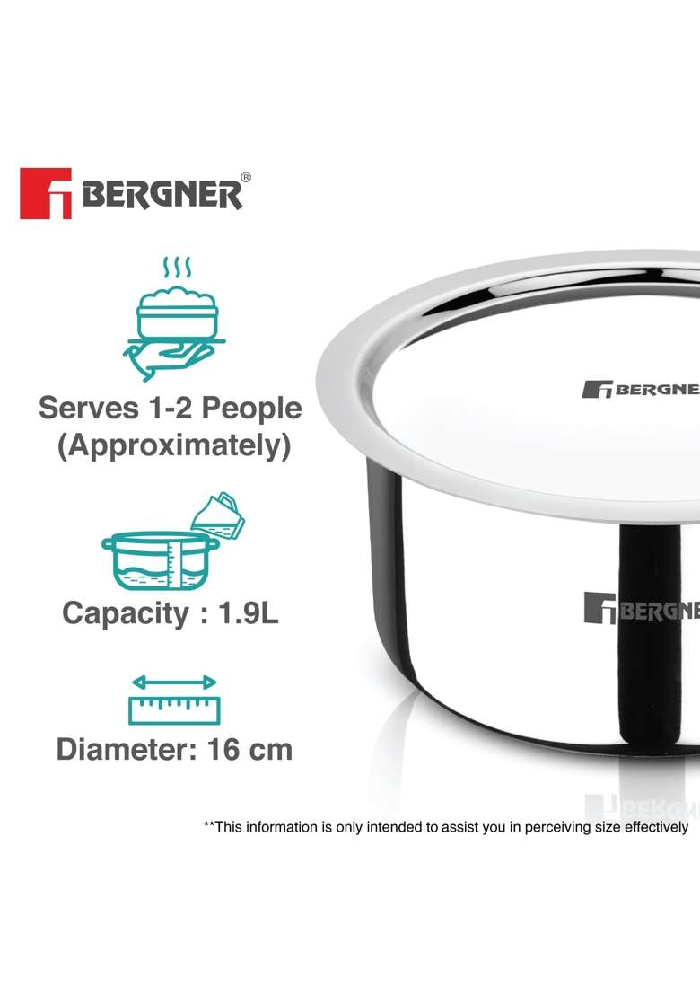BERGNER Argent | 1.2 L | 1.3 Qt | 16 cm | 6.3 Inch | Induction Compatible | Tri-Ply | With Lid | Food Safe - Indya