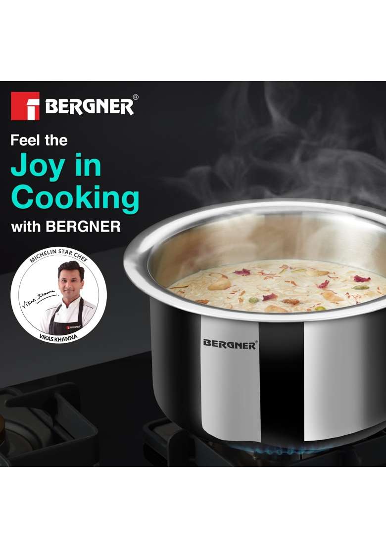 BERGNER Argent TriPly Stainless Steel Tope Cooking Pot with Stainless Steel Lid | 1.2 L | 1.3 Qt | 14 cm | 5.5 Inch | Induction Compatible - Indya