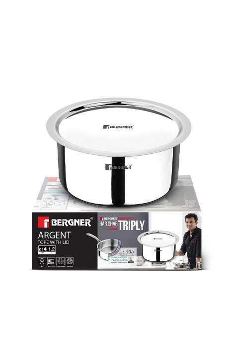 BERGNER Argent TriPly Stainless Steel Tope Cooking Pot with Stainless Steel Lid | 1.2 L | 1.3 Qt | 14 cm | 5.5 Inch | Induction Compatible