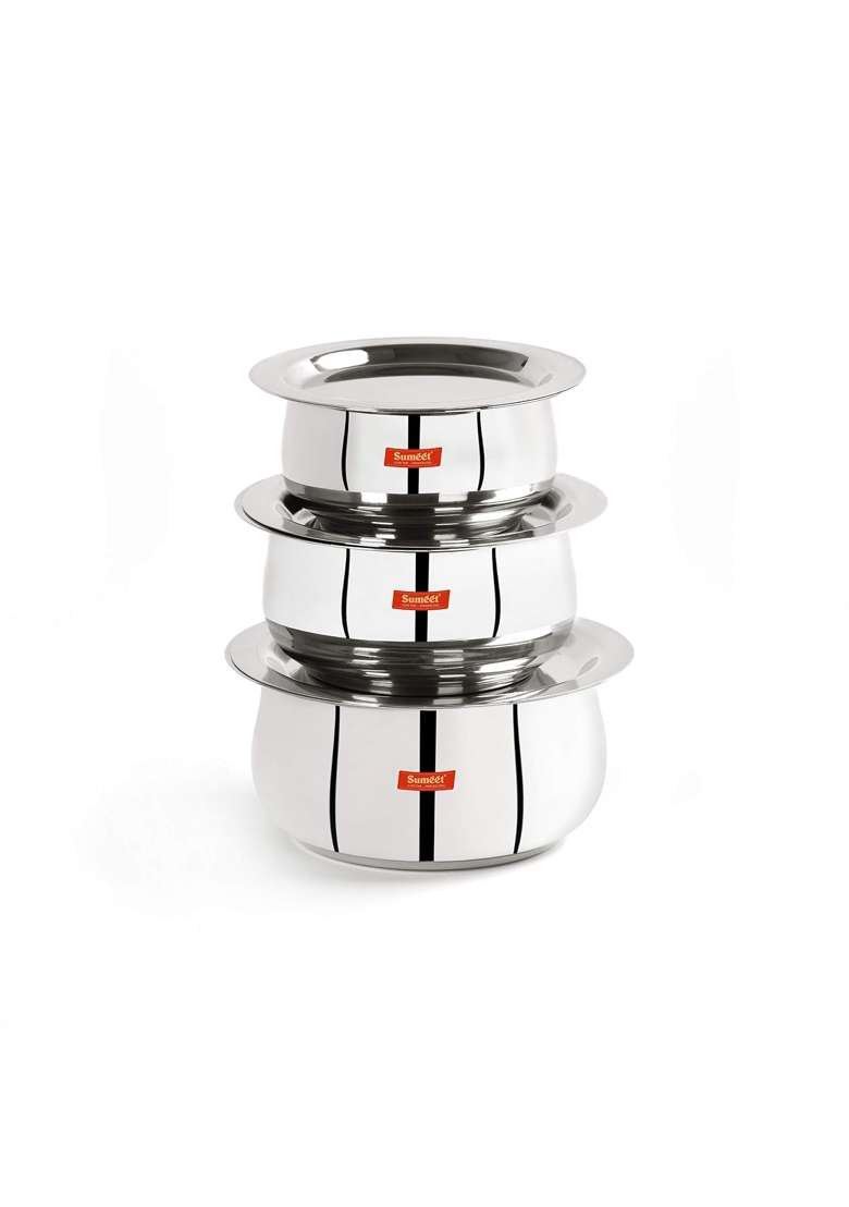 Sumeet Stainless Steel Belly Shape Tope Cookware Pot Set with Lid | 380 ml | 12.8 fl oz | Pack of 3 - Indya