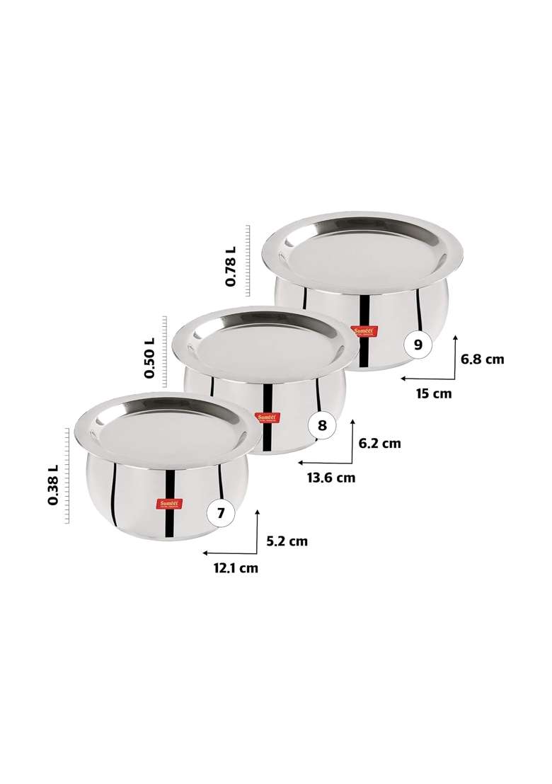 Sumeet Stainless Steel Belly Shape Tope Cookware Pot Set with Lid | 380 ml | 12.8 fl oz | Pack of 3 - Indya