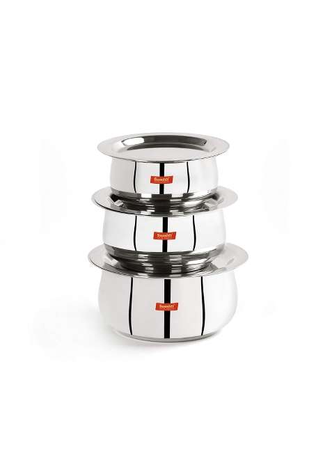 Sumeet Stainless Steel Belly Shape Tope Cookware Pot Set with Lid | 380 ml | 12.8 fl oz | Pack of 3