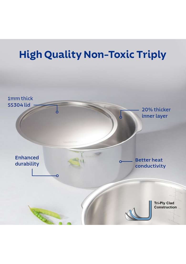 TRAMONTINA Aeion Triply Stainless Steel Tope Cooking Pot with Lid | 1.6 L | 1.7 Qt | 16 cm | 6.3 Inch | Non-Toxic - Indya