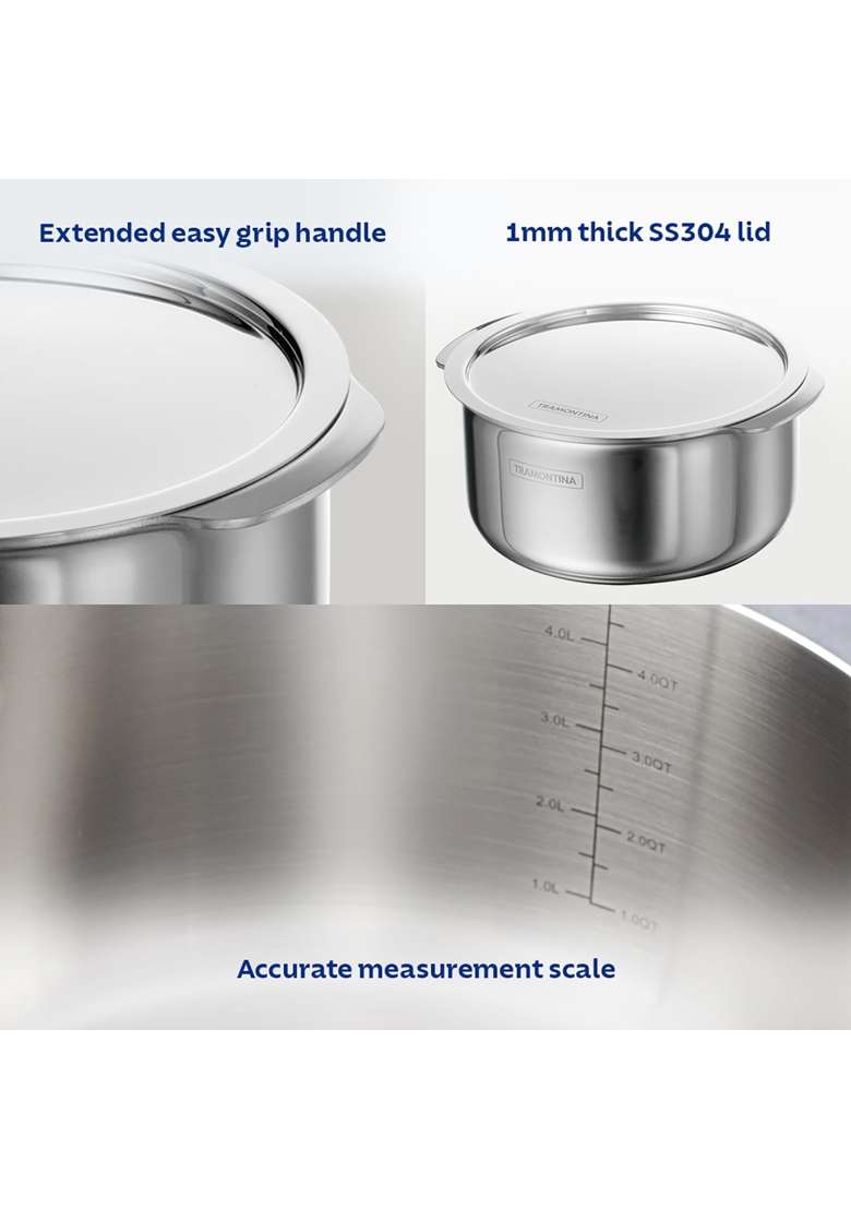 TRAMONTINA Aeion Triply Stainless Steel Tope Cooking Pot with Lid | 1.6 L | 1.7 Qt | 16 cm | 6.3 Inch | Non-Toxic - Indya