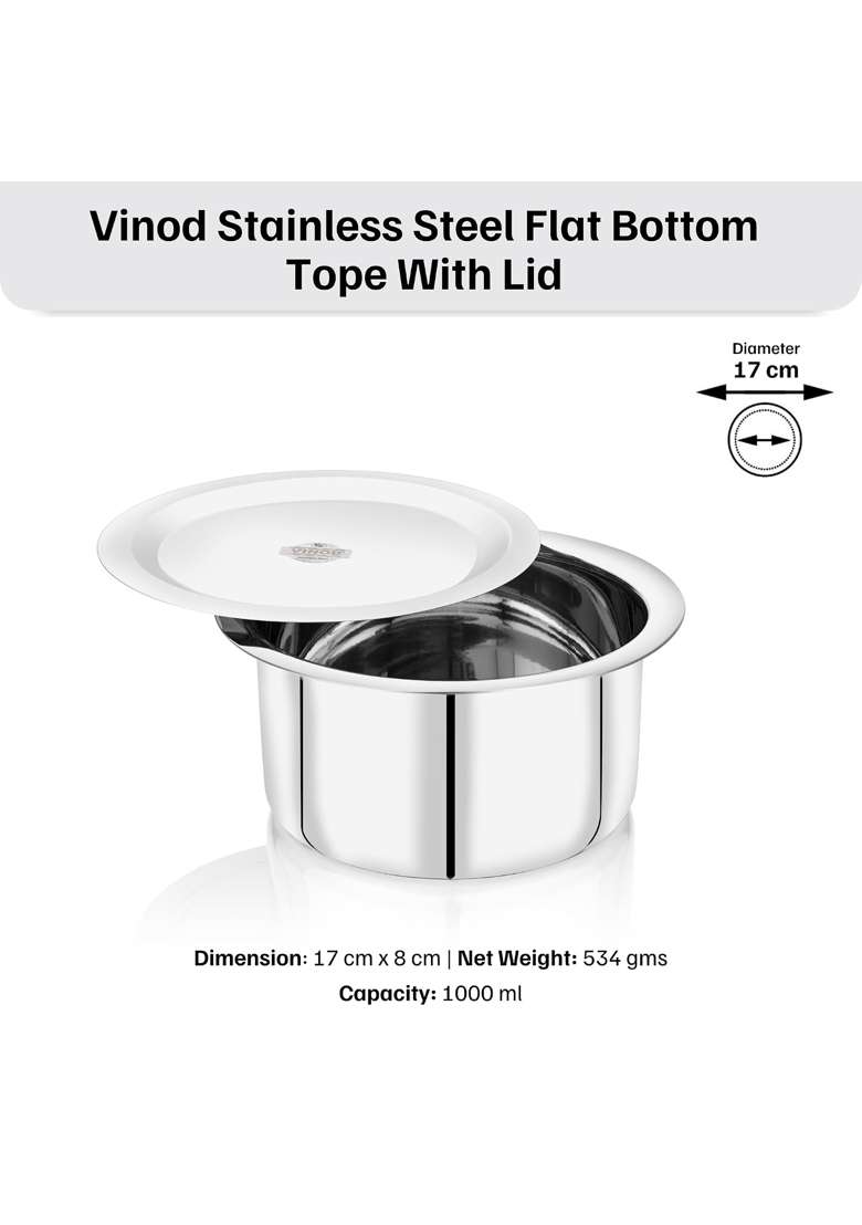 Vinod Brand Stainless Steel Flat Bottom Cooking Tope Cooking Pot with Lid | 1000 ml | 33.8 fl oz | 17 cm | 6.7 Inch | Induction Compatible - Indya