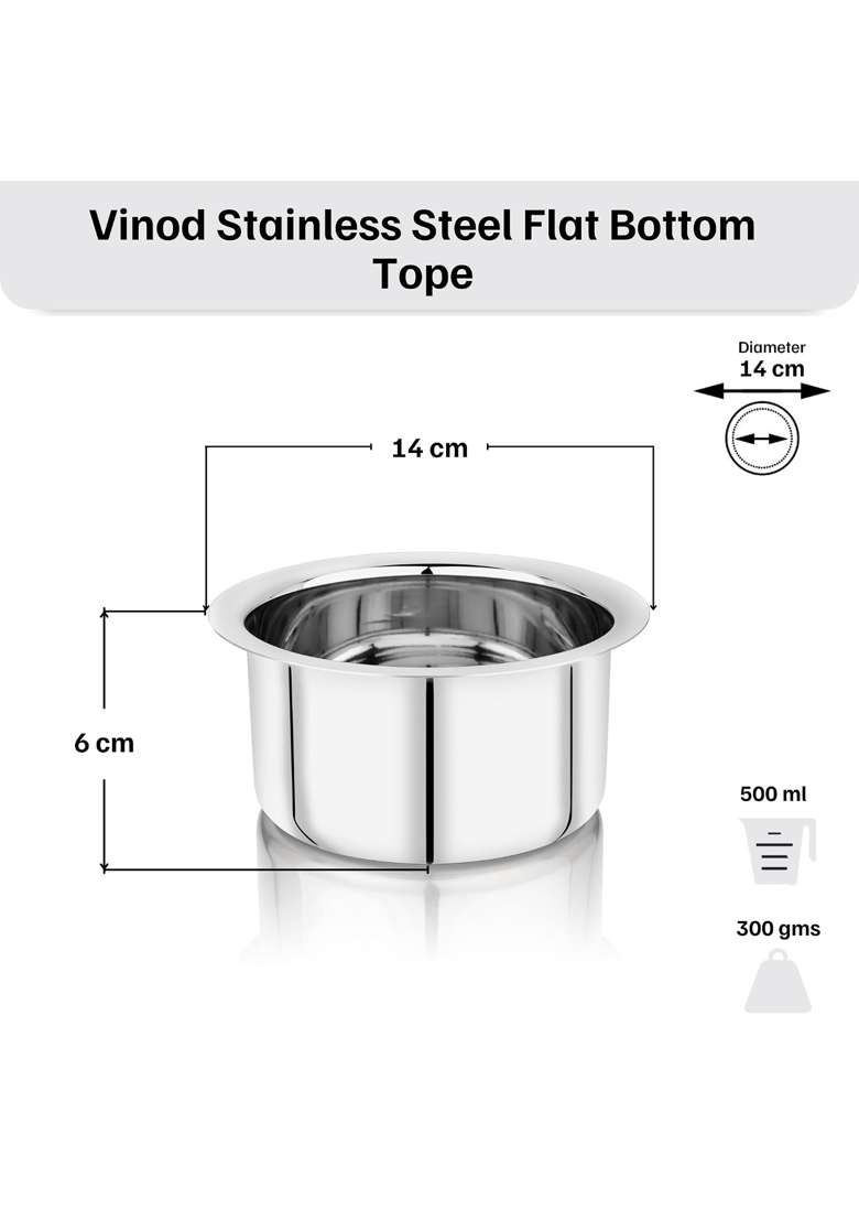 Vinod Brand Stainless Steel Flat Bottom Cooking Tope Cooking Pot | 500 ml | 16.9 fl oz | 14 cm | 5.5 Inch | Induction Compatible | Food Safe - Indya