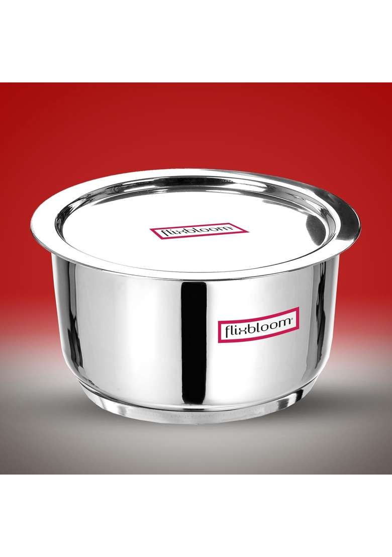 FLIXBLOOM Stainless Steel Cookware Triply Bottom Induction Base Utensil Deep Cooking | 3.5 L | 3.7 Qt | With Lid - Indya