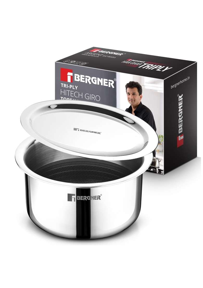 BERGNER Hitech Giro Triply Tope Cooking Pot with Stainless Steel Lid | 1.8 L | 1.9 Qt | 16 cm | 6.3 Inch | Induction Compatible | PFOA Free - Indya