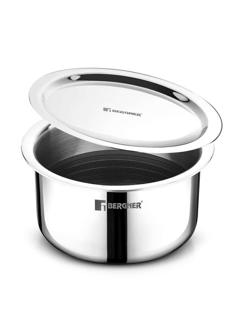 BERGNER Hitech Giro Triply Tope Cooking Pot with Stainless Steel Lid | 1.8 L | 1.9 Qt | 16 cm | 6.3 Inch | Induction Compatible | PFOA Free - Indya