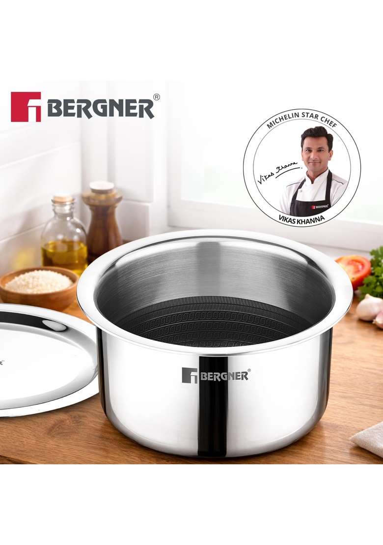 BERGNER Hitech Giro Triply Tope Cooking Pot with Stainless Steel Lid | 1.8 L | 1.9 Qt | 16 cm | 6.3 Inch | Induction Compatible | PFOA Free - Indya