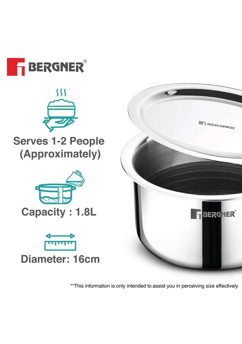 BERGNER Hitech Giro Triply Tope Cooking Pot with Stainless Steel Lid | 1.8 L | 1.9 Qt | 16 cm | 6.3 Inch | Induction Compatible | PFOA Free - Indya