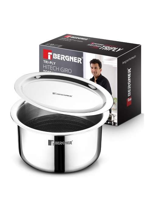 BERGNER Hitech Giro Triply Tope Cooking Pot with Stainless Steel Lid | 1.8 L | 1.9 Qt | 16 cm | 6.3 Inch | Induction Compatible | PFOA Free