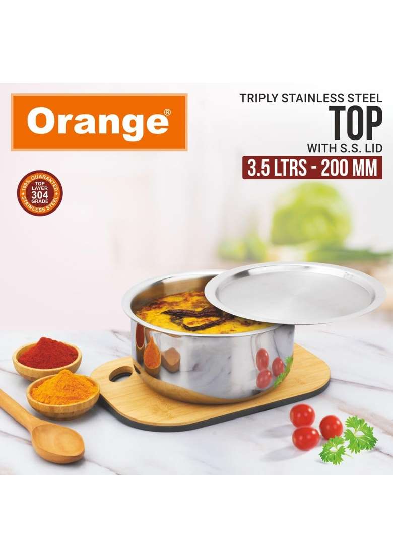 Orange Triply Stainless Steel Tope Milk Pot Boiler Tea Pot Patila Bhagona | 3.5 L | 3.7 Qt | 20 cm | 7.9 Inch | Induction Compatible | With Lid - Indya