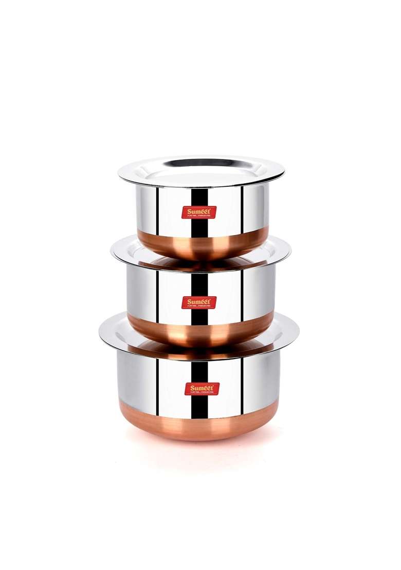 Sumeet Stainless Steel Copper Bottom Tope Cooking Pot Set with Lid | 0.4 L | 0.4 Qt | Pack of 3 - Indya