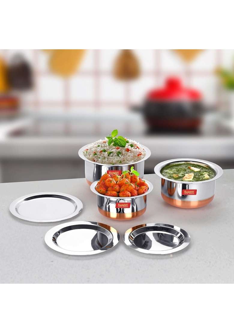Sumeet Stainless Steel Copper Bottom Tope Cooking Pot Set with Lid | 0.4 L | 0.4 Qt | Pack of 3 - Indya