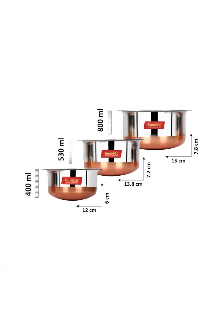 Sumeet Stainless Steel Copper Bottom Tope Cooking Pot Set with Lid | 0.4 L | 0.4 Qt | Pack of 3 - Indya
