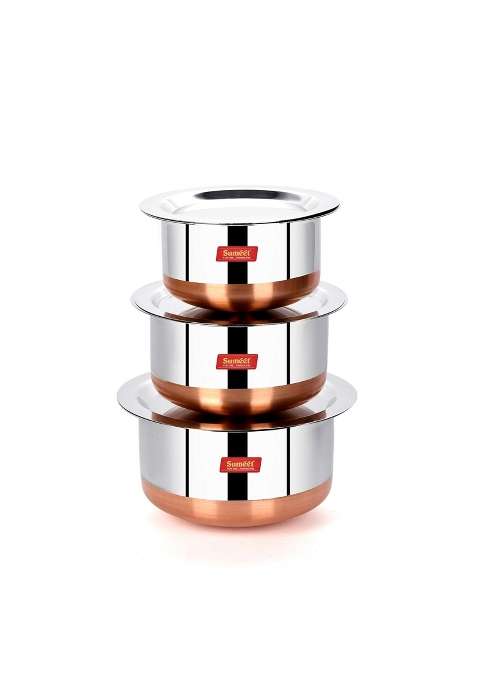 Sumeet Stainless Steel Copper Bottom Tope Cooking Pot Set with Lid | 0.4 L | 0.4 Qt | Pack of 3