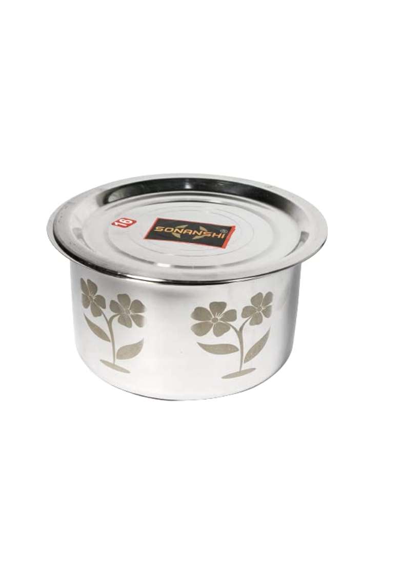 Sonanshi Stainless Steel Flower Laser Print Patila Bhagona Tapeli Handi Pot with LID | 2.5 L | 2.6 Qt - Indya