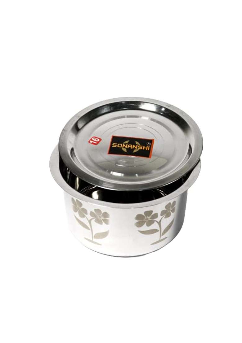 Sonanshi Stainless Steel Flower Laser Print Patila Bhagona Tapeli Handi Pot with LID | 2.5 L | 2.6 Qt - Indya