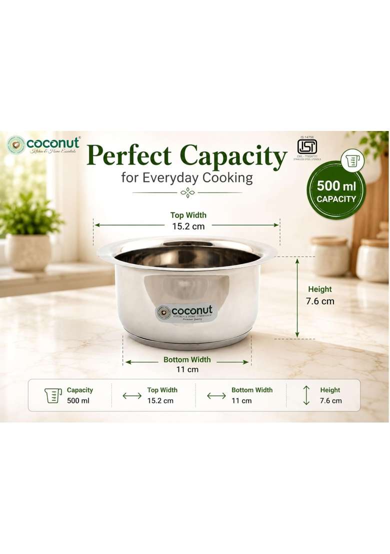 coconut Capsulated Sandwich Bottom Tope | 500 ml | 16.9 fl oz | Induction Compatible - Indya
