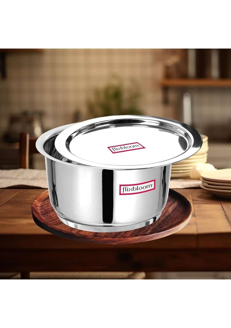 FLIXBLOOM Stainless Steel Giant Lid Kitchen Utensil Tope Cooking Pot Container Bhagona | 5 L | 5.3 Qt | Induction Compatible | Tri-Ply - Indya