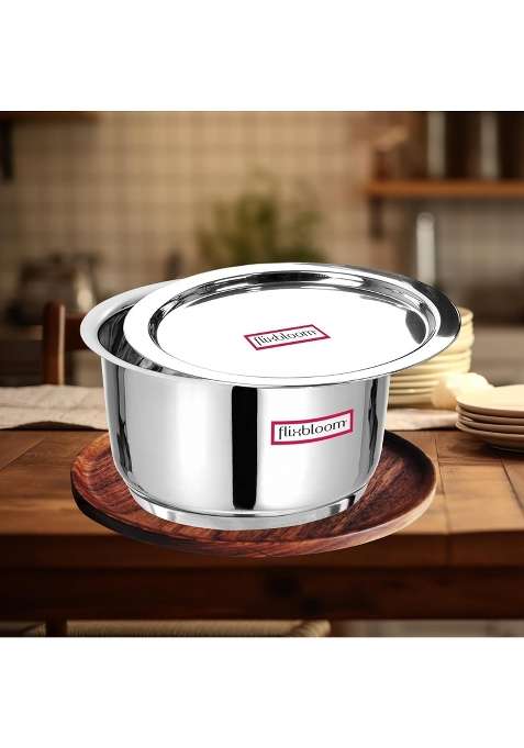 FLIXBLOOM Stainless Steel Giant Lid Kitchen Utensil Tope Cooking Pot Container Bhagona | 5 L | 5.3 Qt | Induction Compatible | Tri-Ply
