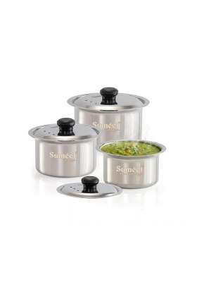 Sumeet ISI Certified HeavyPly Stainless Steel Patila Cooking Pot Set | 400 ml | 13.5 fl oz | 3-Piece Set | Induction Compatible | With Lid