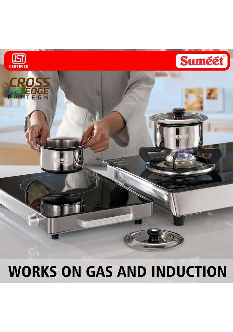 Sumeet ISI Certified HeavyPly Stainless Steel Patila Cooking Pot Set | 400 ml | 13.5 fl oz | 3-Piece Set | Induction Compatible | With Lid - Indya